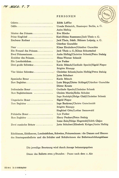 Besetzungszettel der Erstaufführung »Schwanensee« am 17. Juni 1959
