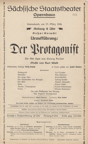 Theaterzettel der Uraufführung von »Der Protagonist« am 27. März 1926 © Historisches Archiv der Sächsischen Staatstheater