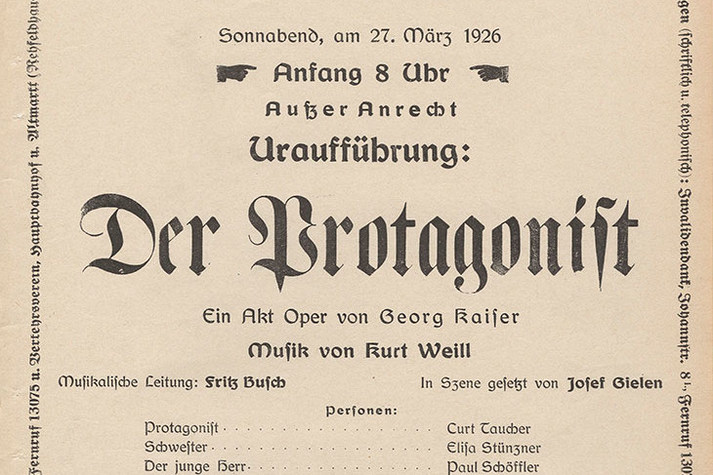 Theaterzettel der Uraufführung von »Der Protagonist« am 27. März 1926 © Historisches Archiv der Sächsischen Staatstheater