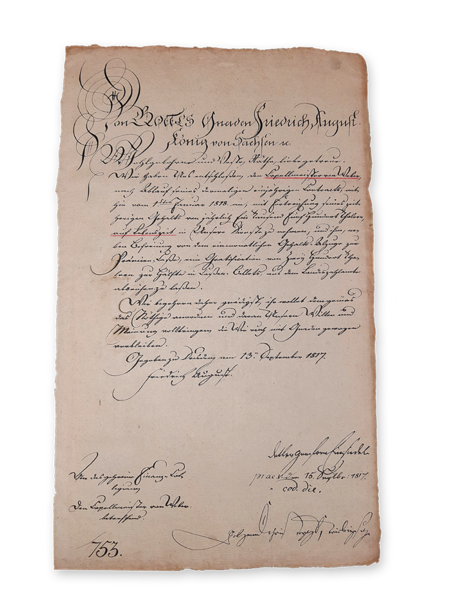 Rescript an das Finanz-Collegium über die Fortzahlung von Webers Gehalt auf Lebenszeit vom 13. September 1817. Reproduktion des Faksimiles aus dem Carl-Maria-von-Weber-Museum.