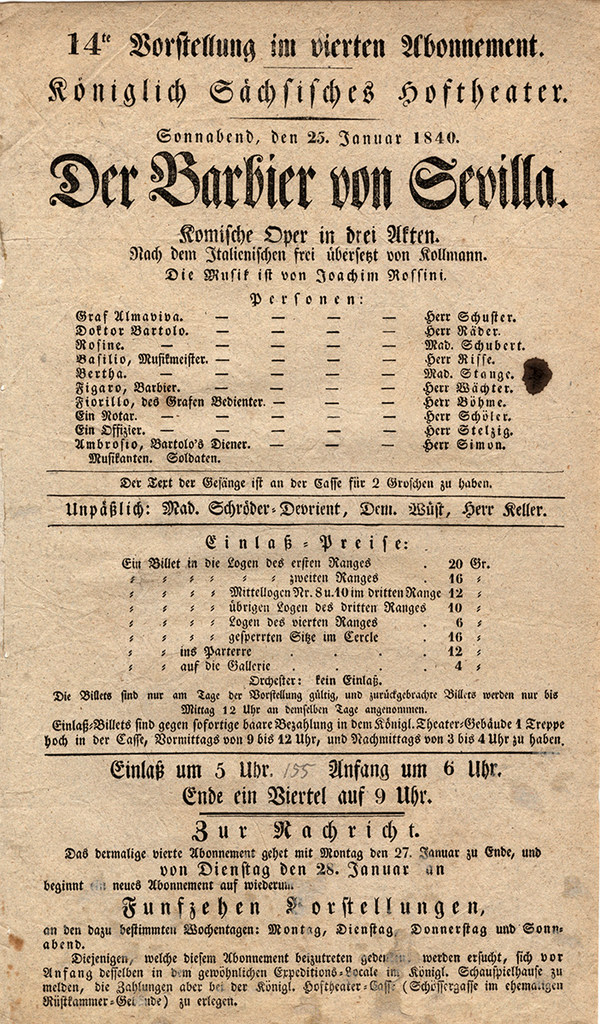 Theaterzettel zu »Der Barbier von Sevilla« vom 25.1.1840
