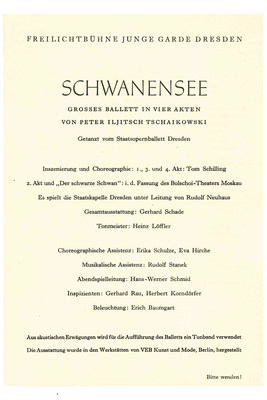 Besetzungszettel der Erstaufführung »Schwanensee« am 17. Juni 1959