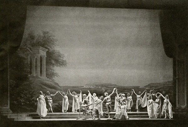 Szene 1. Bild, Abbildung aus dem Programmheft zur Uraufführung von Carl Orffs »Orfeo« am 4. Oktober 1940