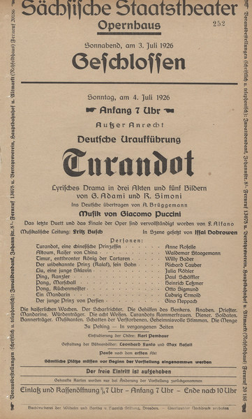 Theaterzettel der Deutschen Erstaufführung von »Turandot« am 4.7.1926
