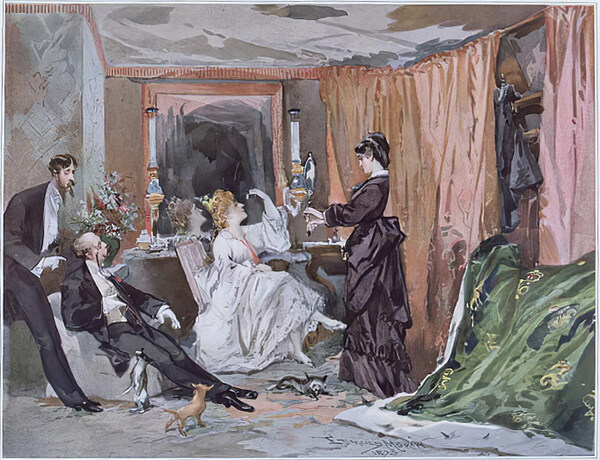 Die Garderobe der Hortense Schneider, Aquarell von Edmond Morin, 1873