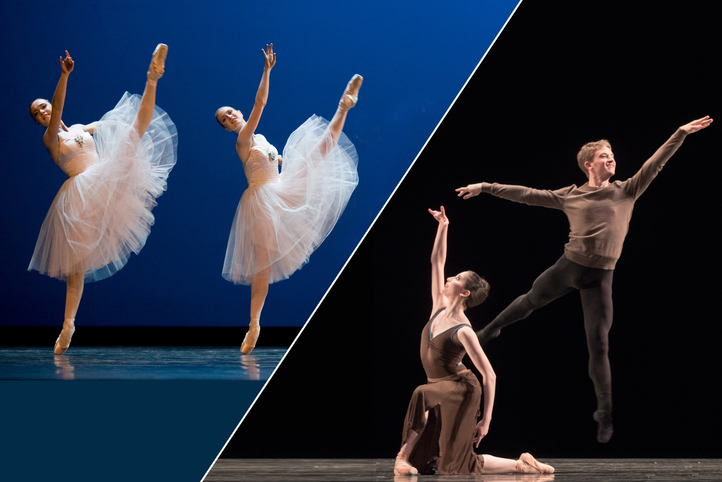 Eine Collage aus drei Tanzszenen illustriert die Bandbreite des Elevenprogramms des Semperoper Ballett.