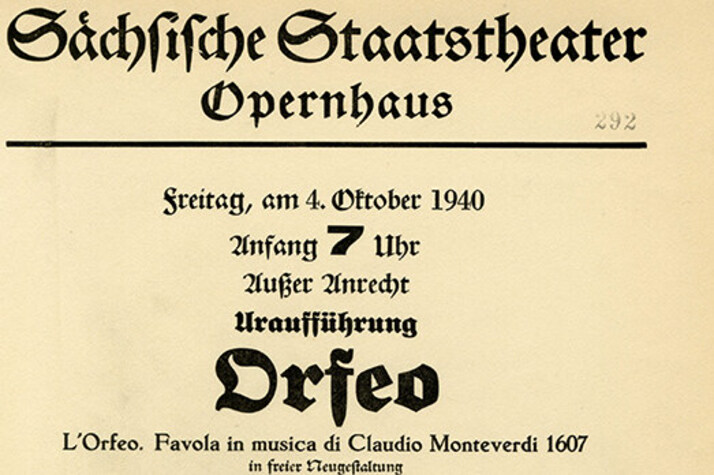 Theaterzettel der Uraufführung von Carl Orffs »Orfeo« und szenische Erstaufführung »Carmina Burana« am 4. Oktober 1940