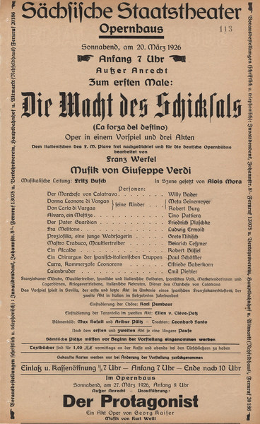 Theaterzettel der Premiere von »Die Macht des Schicksals« am 20. März 1926 © Historisches Archiv der Sächsischen Staatstheater 