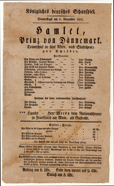 Ältester Theaterzettel des Staatsschauspiels im Bestand des Historischen Archivs: »Hamlet«, 6. November 1817