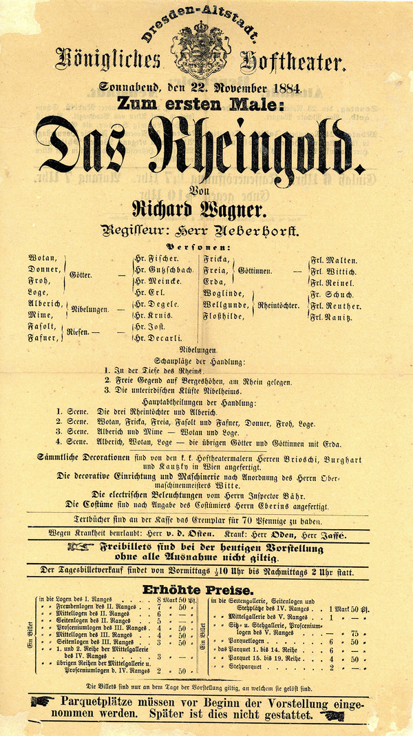 Theaterzettel zur Erstaufführung »Das Rheingold« am Königlichen Hoftheater am 22. November 1884