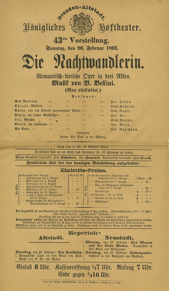 Theaterzettel »La sonnambula«, Premiere 26. Februar 1893