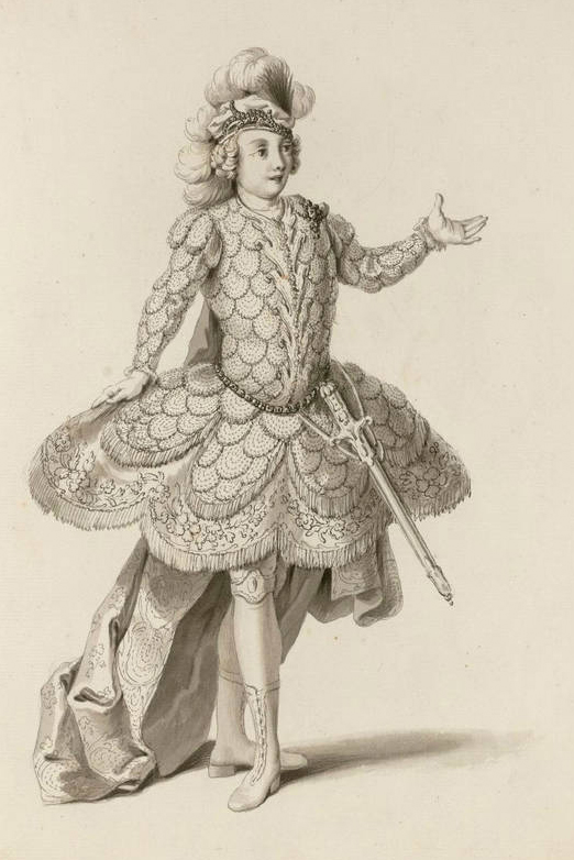 Regina Mingotti als Publio in der Oper »Attilio Regolo«, aufgeführt am 12. Januar 1750 in Dresden, Figurine von Francesco Ponte