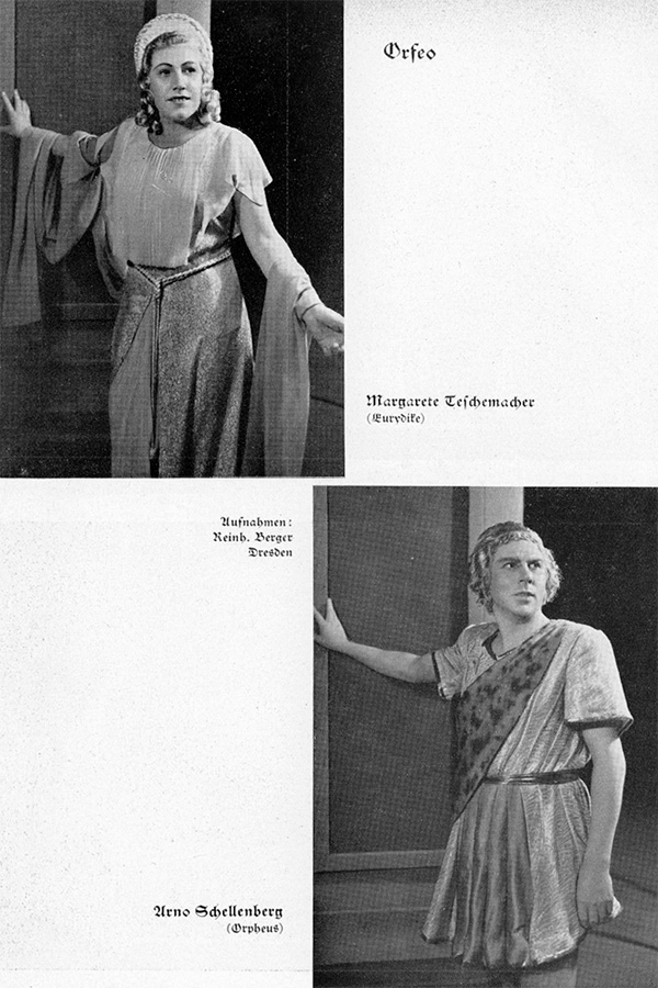 Margarete Teschemacher als Eurydike und Arno Schellenberg als Orfeo: Abbildungen aus dem Programmheft zur Uraufführung von Carl Orffs »Orfeo« am 4. Oktober 1940