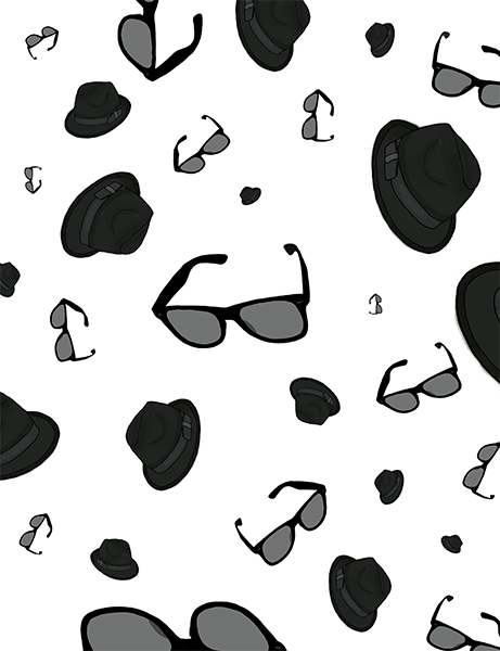 Schwarz-weiß-Collage aus herabfallenden Sonnenbrillen und Hüten.
